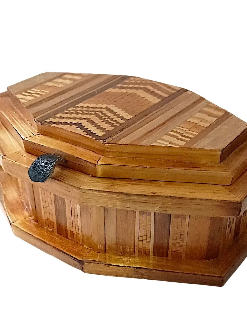 Vtg Straw Bamboo Inlaid Marquetry Trinket Jewelry Box Wood Velvet Tramp Boho